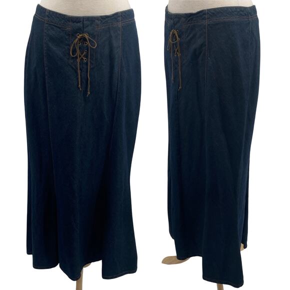 Vintage Y2k Denim Maxi Skirt Lace Up Front Mermaid Hem Cotton Jean Blue 10/12 - Picture 1 of 8